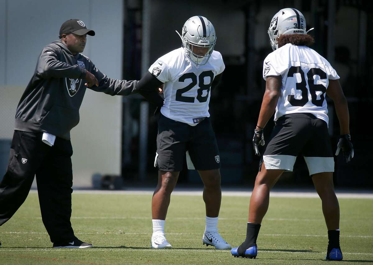 First-round draft pick Josh Jacobs (28) works in a drill for running backs during the first day of a mini-camp for rookies at the Oakland Raiders practice facility in Alameda, Calif. on Friday, May 3, 2019.