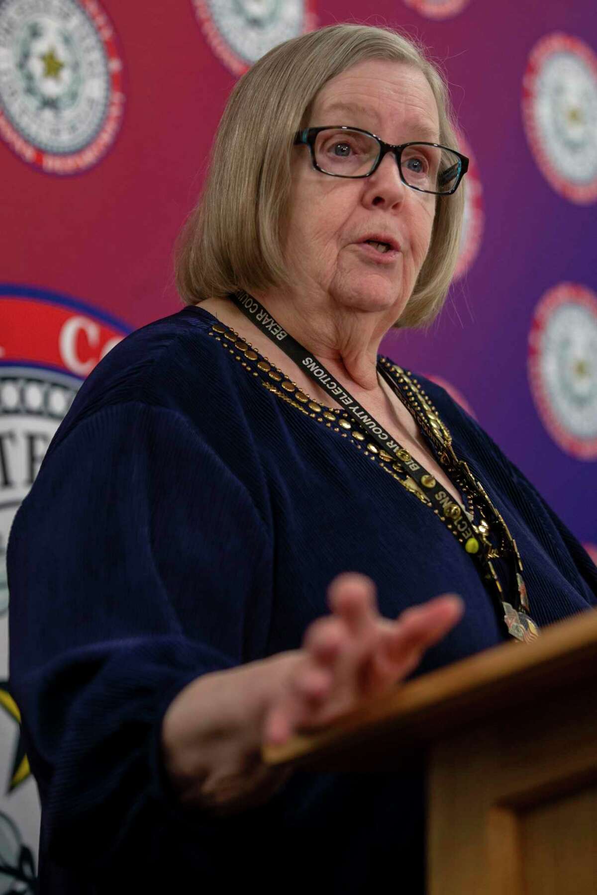 Bexar County Elections Administrator Jacque Callanen discusses the primary election results and reporting of results with a new system during a press conference held at the Bexar County Elections Department on March 4.