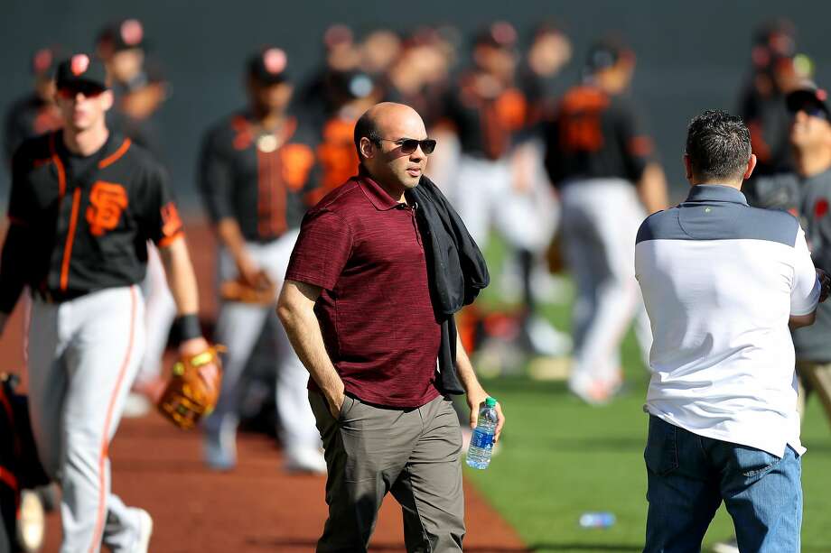 General Manager Farhan Zaidi of the San Francisco Giants looks on during a workout on Tuesday, February 18, 2020 at Scottsdale Stadium in Scottsdale, Arizona. Photo: Alex Trautwig, MLB Photos Via Getty Images
