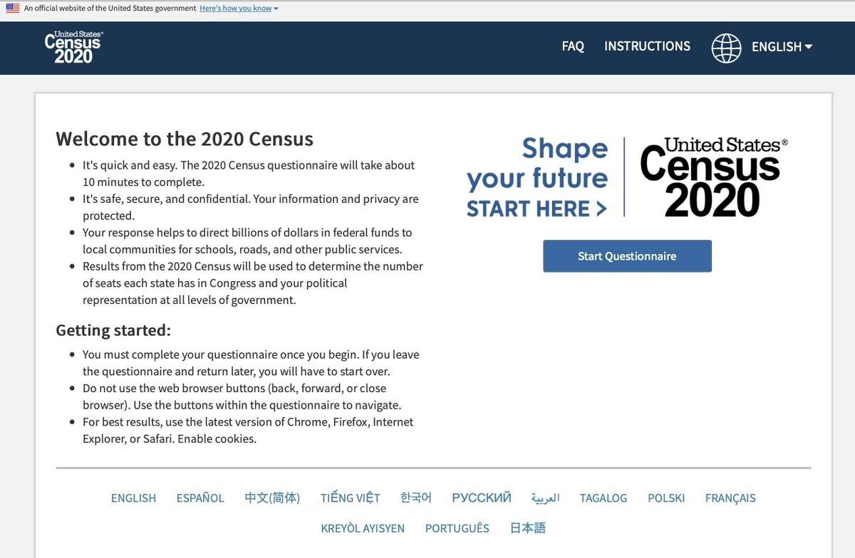 This photo provided by the U.S. Census 2020, shows the homepage of the United States' Census 2020 website on Tuesday, March 10, 2020. The 2020 census is off and running for much of America now. The U.S. Census Bureau made a soft launch of the 2020 census website on Monday, March 9 making its form available online. On Thursday, March 12 the Census Bureau will begin mailing out notices far and wide. (U.S. Census via AP)