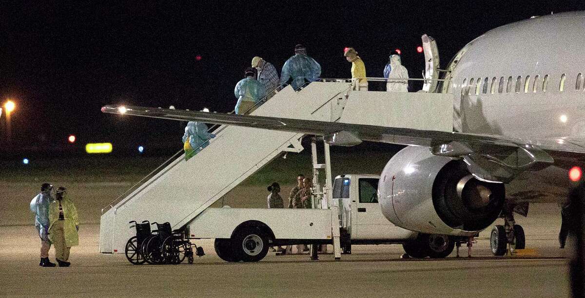 A charter flight from Oakland International Airport carrying passengers evacuated from the Grand Princess cruise ship arrive at Joint Base San Antonio-Lackland on Tuesday, March 10, 2020. The passengers will be housed on base during a federally mandated 14-day quarantine.
