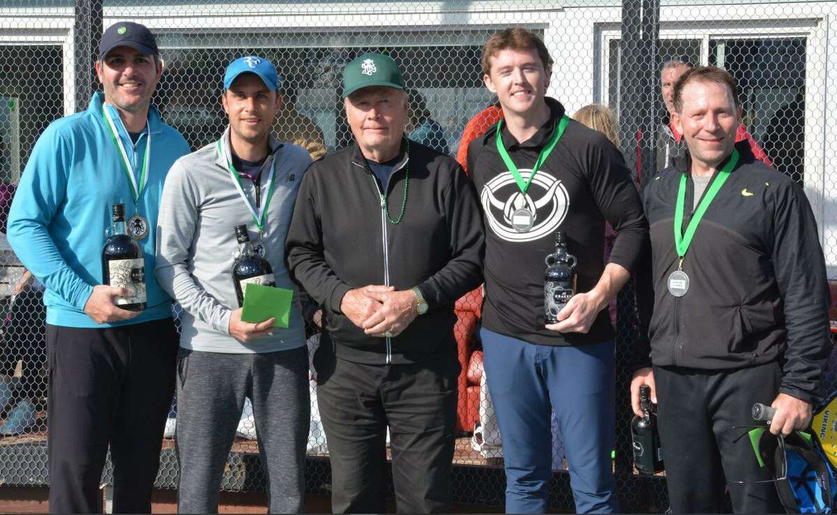 The winners of the 2019 St. Paddles Day Men's Open Draw are, from left, Anton Bobytsky and Evan Paushter with Tournament Honorary Chair and Wilton resident Bill Fanning and finalists John Hughes and David Acselrod. This year's tournament is March 14 at the Wilton YMCA.
