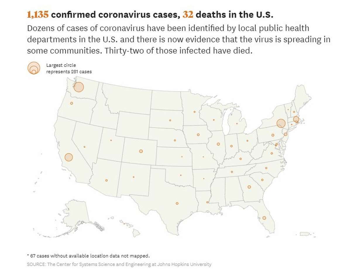 This map shows the cases of coronavirus as of Wednesday evening in the U.S.
