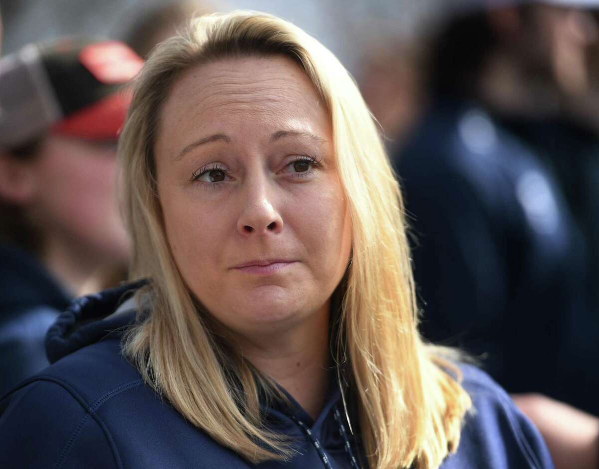 Notre Dame of Fairfield girls basketball coach and former Seymour and UConn standout Maria Conlan attends the protest of student athletes outside CIAC offices in Cheshire, Conn. over cancelling of state playoffs in wake of coronavirus on Wednesday, March 11, 2020. Conlan's team was undefeated in state play and a favorite to win a state championship.
