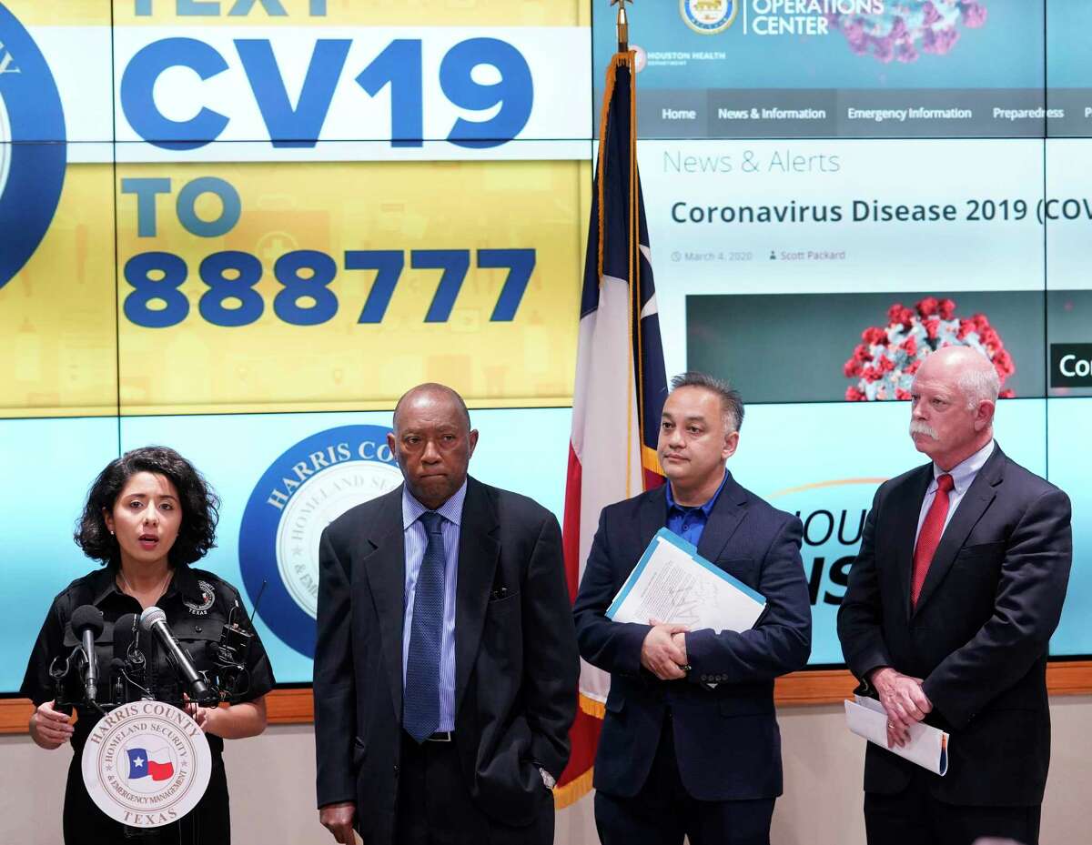 Harris County Judge Lina Hidalgo, left, speaks as Houston Mayor Sylvester Turner, Dr. Umair Shah, executive director of Harris County Public Health, and Dr. David Persse, Houston Health Department, right, listen about the first two cases of coronavirus in Harris County during media conference at Houston Transtar Thursday, March 5, 2020 in Houston. One man and one woman in the unincorporated area of northwest Harris County tested positive for COVID-19, according to county officials. Both patients, and the man in Fort Bend county that tested positive for COVID-19, had traveled together to Egypt.