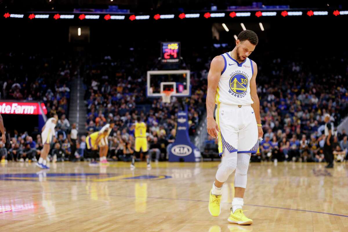 Golden State Warriors guard Stephen Curry (30) takes a moment during the first half of an NBA preseason game against the Los Angeles Lakers at Chase Center on Friday, Oct. 18, 2019, in San Francisco, Calif.