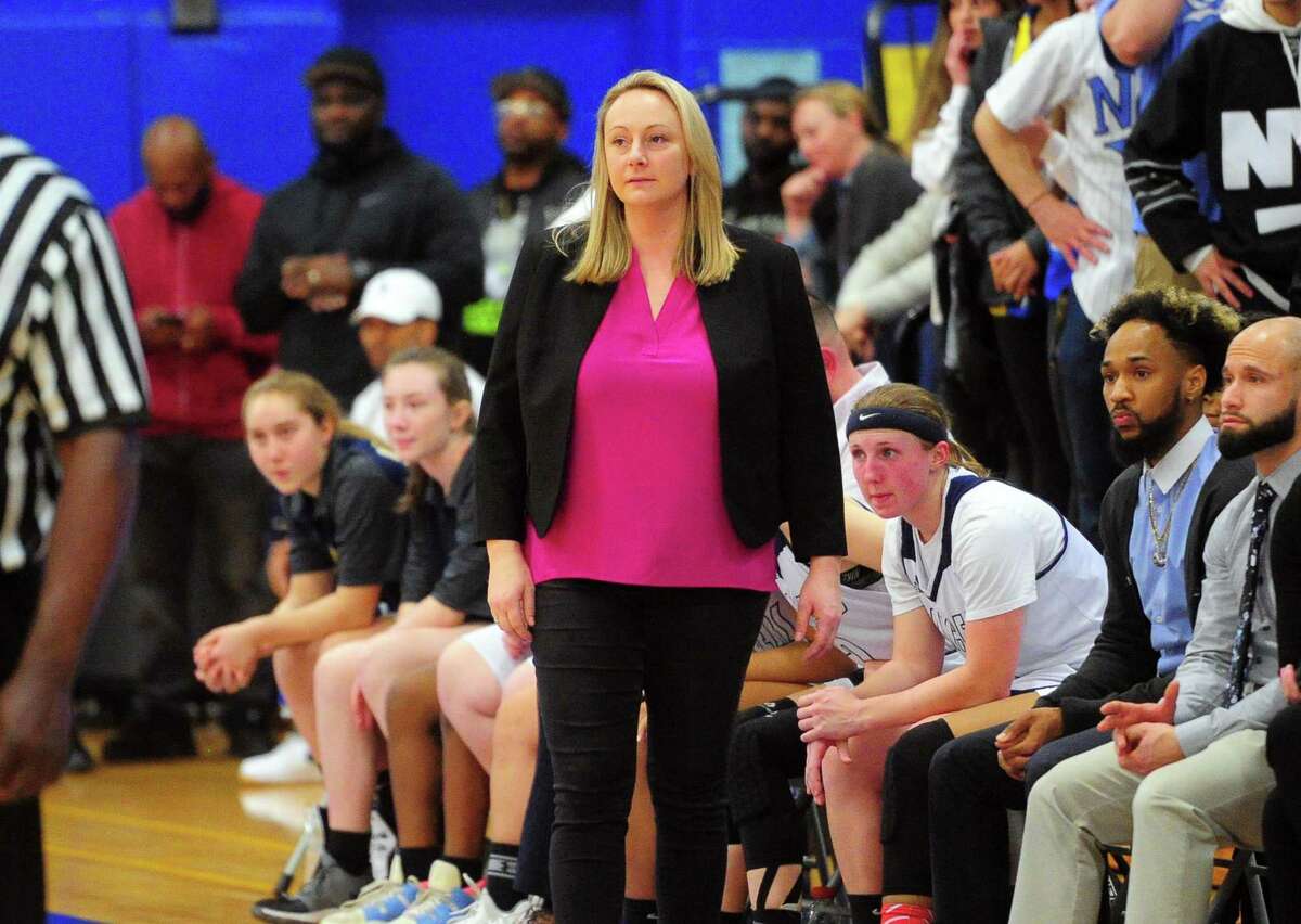 Notre-Dame coach Maria Conlon watches her team uring the SWC Girls Basketball Tournament against Newtown in Stratford in February.