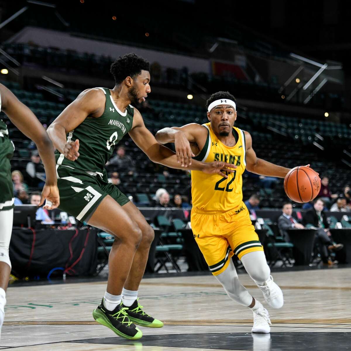 Jalen Pickett of Siena drives to the basket against Manhattan in the quarterfinals of the Metro Atlantic Athletic Conference Tournament on Wednesday, March 11, 2020, in Atlantic City, N.J. (Chuck Marvel / Special to the Times Union)