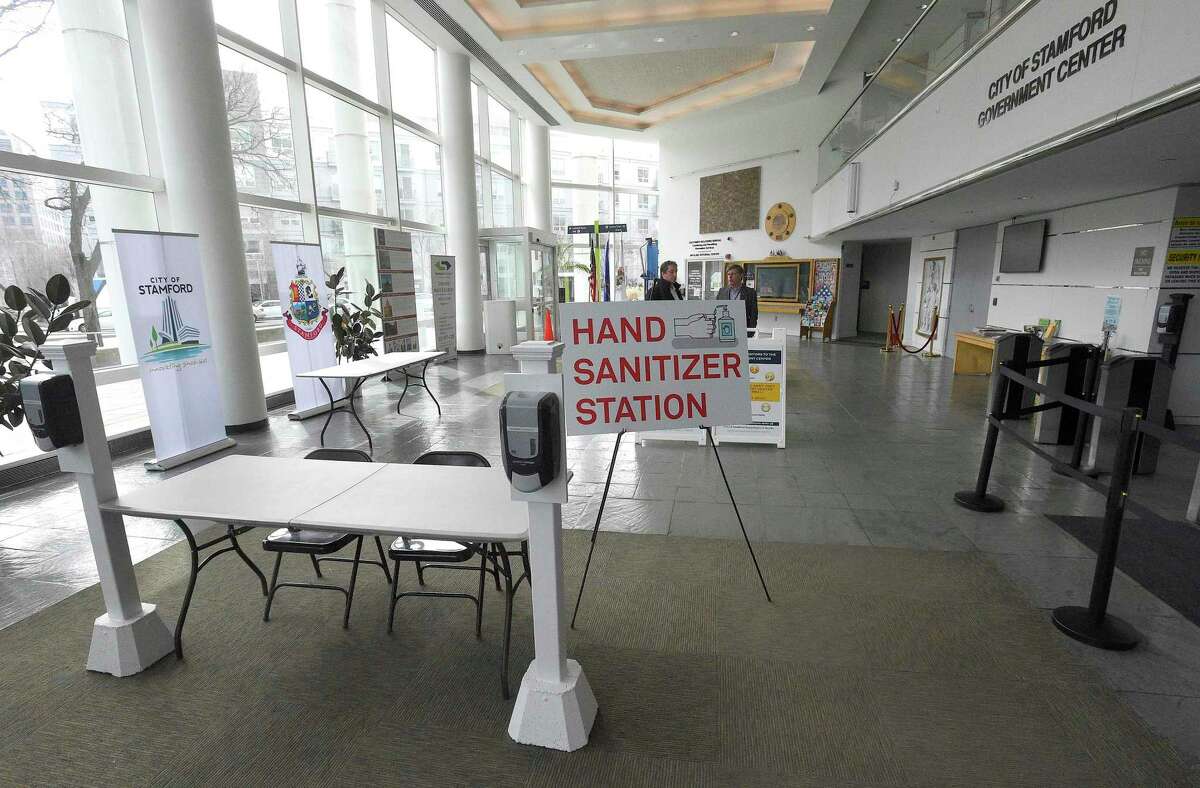 A hand sanitizer station is set up at the Stamford Government Center on March 11, 2020 in Stamford, Connecticut.