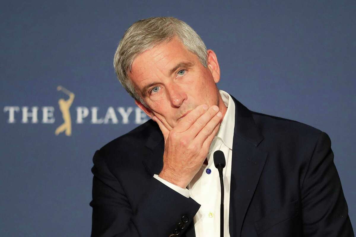 PONTE VEDRA BEACH, FLORIDA - MARCH 12: PGA TOUR Commissioner, Jay Monahan speaks to the media in a press conference addressing the Coronavirus disease (COVID-19) during the first round of The PLAYERS Championship on The Stadium Course at TPC Sawgrass on March 12, 2020 in Ponte Vedra Beach, Florida. (Photo by Cliff Hawkins/Getty Images)