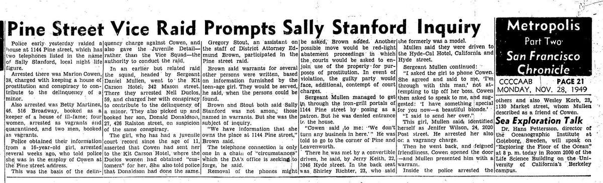 Chronicle coverage of the raid of an establishment owned by Sally Stanford, November 28, 1949