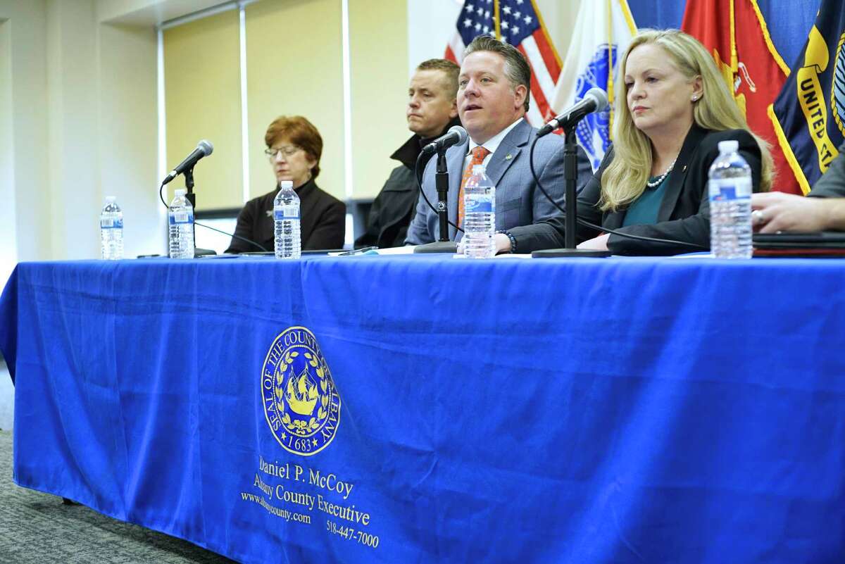 Albany Mayor Kathy Sheehan, left, Albany County Sheriff Craig Apple, second from left, Albany County Executive Dan McCoy, third from left, and Albany County Department of Health Commissioner, Dr. Elizabeth Whalen, take part in a press conference to discuss the COVID-19 cases in Albany County on Thursday, March 12, 2020, in Albany, N.Y. (Paul Buckowski/Times Union)