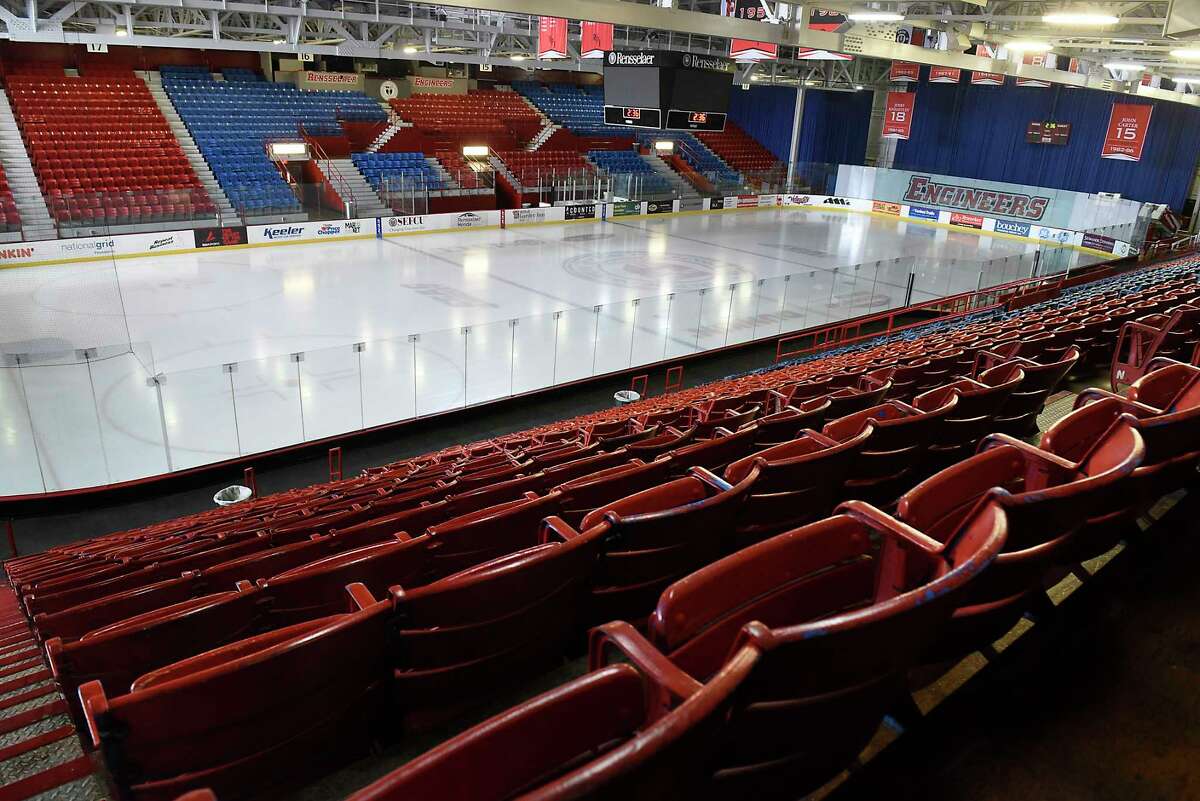 Empty seats are seen in the Houston Field House at Rensselaer Polytechnic Institute on Thursday, March 12, 2020 in Albany, N.Y. RPI's hockey coach Dave Smith talked to the media after finding out they had to pull their team out of the ECAC Tournament RPI's hockey team is now done for the season. (Lori Van Buren/Times Union)