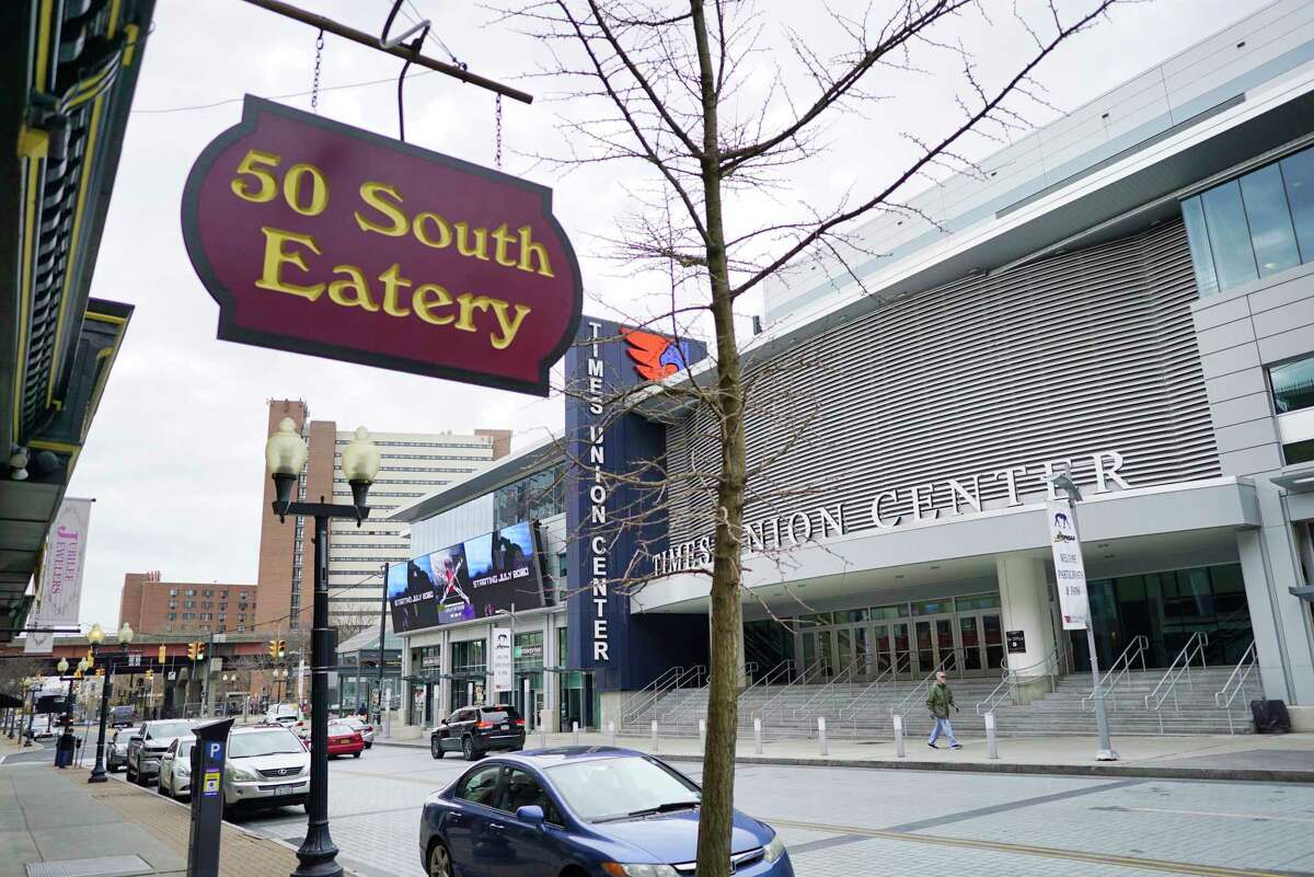 A view of the Times Union Center across the street from the food court 50 South Eatery on Thursday, March 12, 2020, in Albany, N.Y. Local business will be hurt financially because of the announcement that fans will not be allowed to attend NCAA sporting events being held at the Times Union Center. (Paul Buckowski/Times Union)