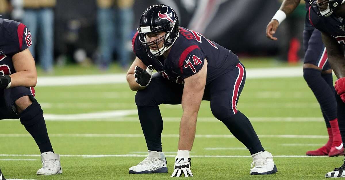 Houston Texans offensive guard Max Scharping (74) lines up against the New England Patriots during the second half of an NFL football game Sunday, Dec. 1, 2019, in Houston. (AP Photo/David J. Phillip)