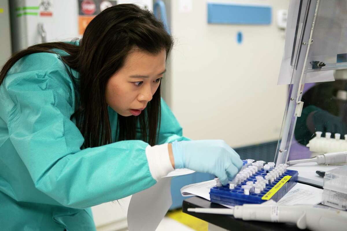 Erica Tam, medical technologist in the molecular microbiology lab, looks at the samples of RNA that were extracted from patient samples that she is preparing to test for COVID-19 with reagents provided from a CDC test kit, Thursday, March 12, 2020, at Texas Children's Hospital in Houston.