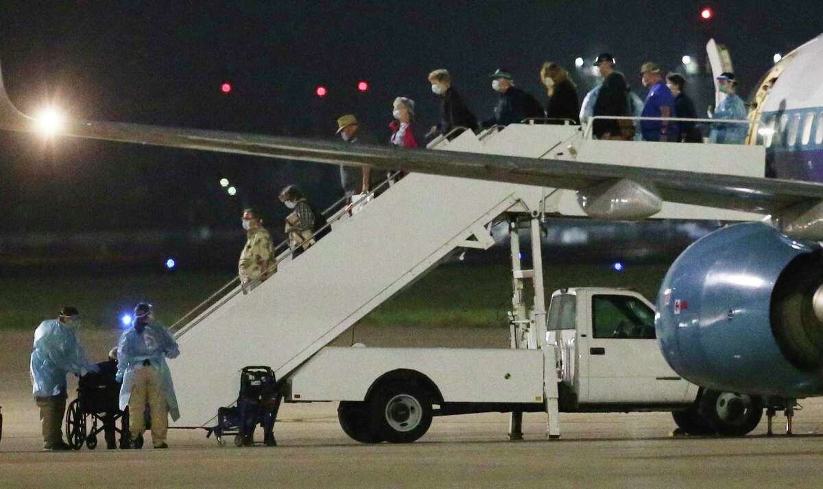 A second charter flight from Oakland, Calif., carrying passengers evacuated from the Grand Princess cruise ship arrives at Joint Base San Antonio-Lackland at 4:48 a.m. Thursday, March 12, 2020. This group of evacuees from that cruise ship who will be housed at Lackland during a federally mandated 14-day quarantine due to possible exposure of the coronavirus while on board.