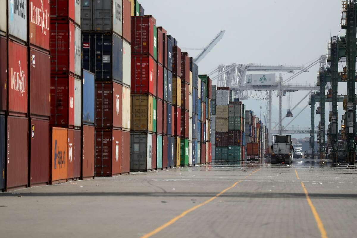 OAKLAND, CALIFORNIA - FEBRUARY 28: Stacks of shipping containers sit at a shipping berth at the Port of Oakland on February 28, 2020 in Oakland, California. The Port of Oakland has seen a 20 percent drop in shipping traffic entering the port due to the Coronavirus outbreak in China. A Port of Oakland spokesman says that more than 20 ships from China have cancelled trips to the port over the next month. (Photo by Justin Sullivan/Getty Images)