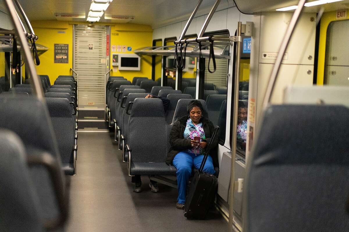 Joy Blackwell rides the BART from the Antioch station on Thursday, March 12, 2020, in Antioch, Calif.
