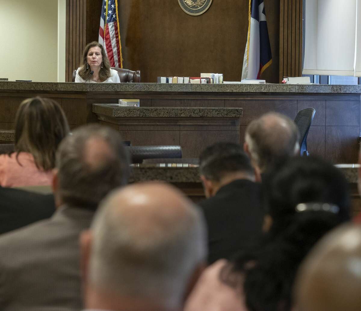Judge Elizabeth Leonard addresses Midland County court employees and local attorneys 03/13/2020 about future court proceedings. All jury trials will be suspended until after April 3rd, only skeleton crews will work in the courthouse, and they are awaiting further recommendations from the Texas Supreme Court to proceed from here. Tim Fischer/Reporter-Telegram