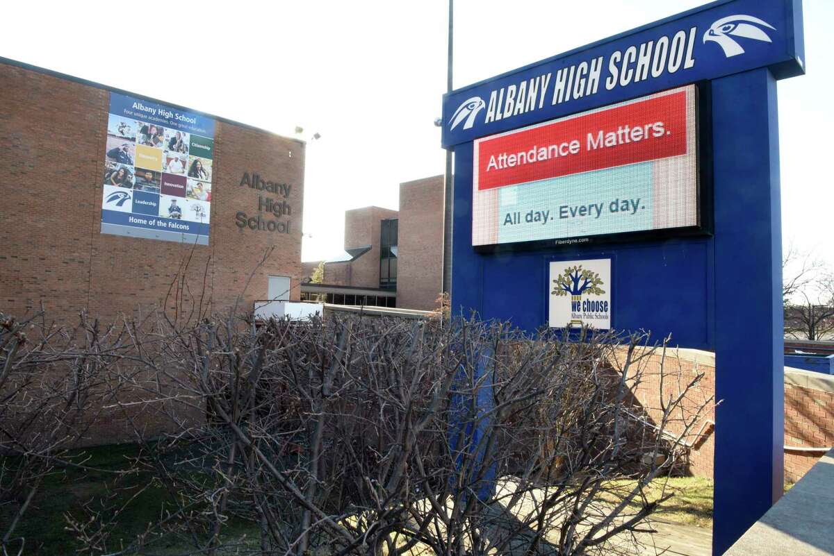 Exterior of Albany High School on Friday, March 13, 2020 in Albany, N.Y. The Albany schools are among the schools that are closing and transition to online instruction. (Lori Van Buren/Times Union)