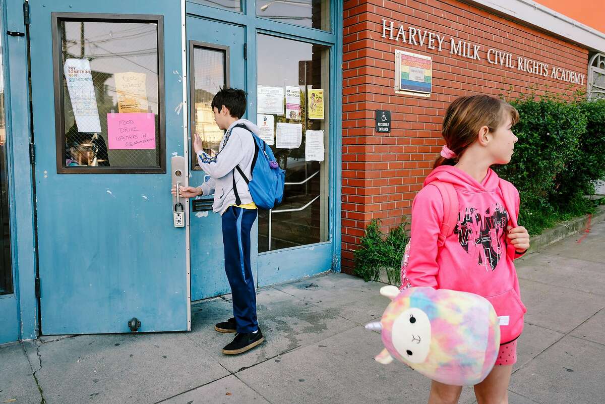 Elias Chechile, 10 years old, left, and his sitter Amalia Chechile, 8 years old, are seen during morning drop-off at Harvey Milk Civil Rights Academy in San Francisco, California, US, on Friday, March 13, 2020.
