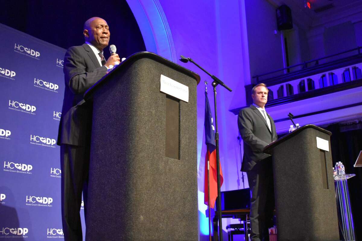 Mayor Sylvester Turner and Houston Professional Fire Firefighters Association President Marty Lancton debate Proposition B, the ballot referendum that granted firefighters pay parity with police officers of corresponding rank and seniority, before the election in 2018. Voters approved the measure, but it was later declared unconstitutional.