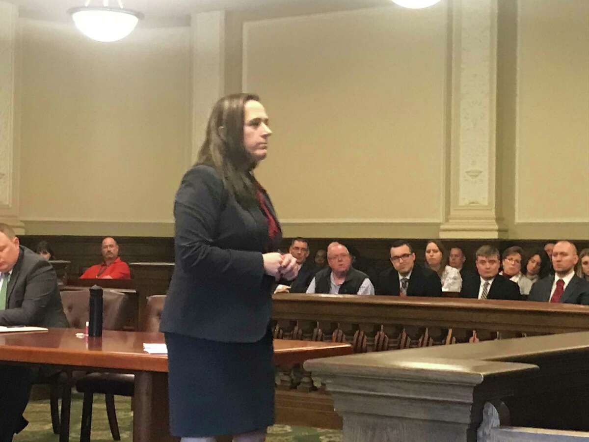 Assistant District Attorney Cheryl McDermott delivers her opening statement to a Rensselaer County Court jury in the murder trial of defendant James White in Troy NY on Friday March 13, 2020.