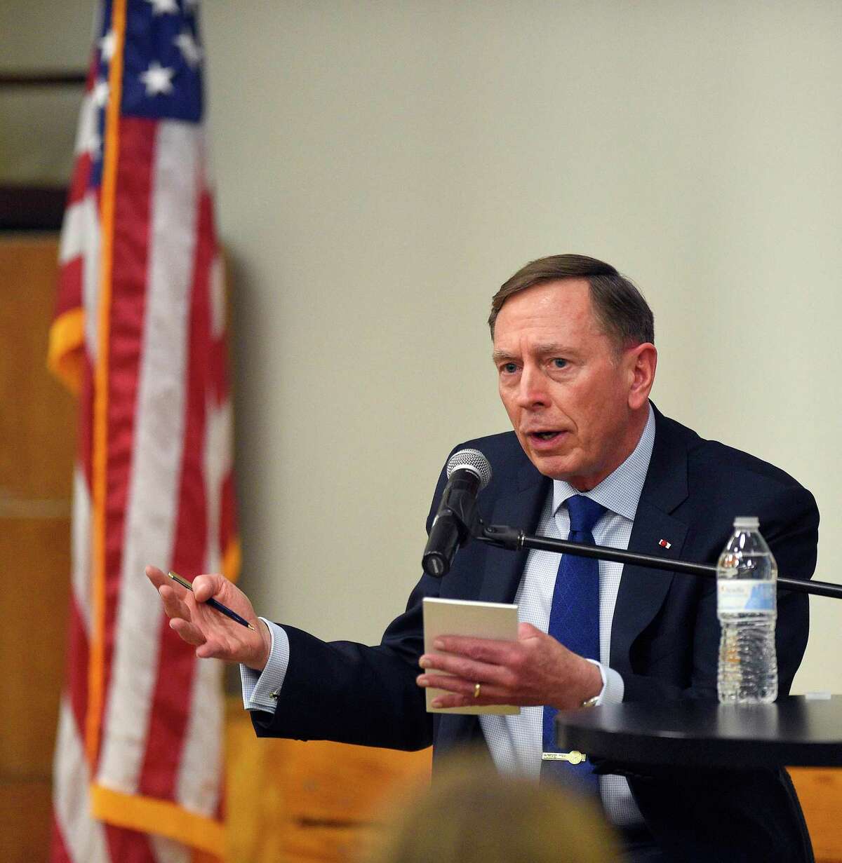 Retired U.S. Gen. David H. Petraeus speaks on “Civility in Public Service,” Tuesday, March 10, 2020 at the Ernest A. DiMattia, Jr. Building of The Ferguson Library in Stamford, Connecticut. Petraeus took part in a Q&A with John Breunig, editorial page editor of the Stamford Advocate and Greenwich Time, answering questions from the audience of various topics, following his introduction by Jan Dilenschneider. His appearance is part of a series on Civility in America sponsored by The Dilenschneider Group, Hearst Media Group in Connecticut and The Ferguson Library.