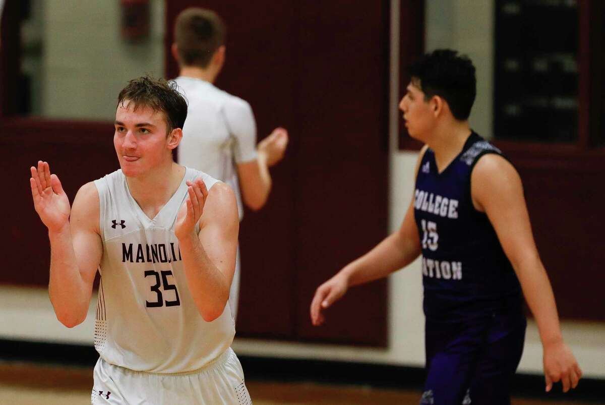 Magnolia forward Lawson Lowry (35) reacts after a College Station turnover during the fourth quarter of a District 19-5A high school basketball game at Magnolia High School, Friday, Jan. 3, 2019, in Magnolia.