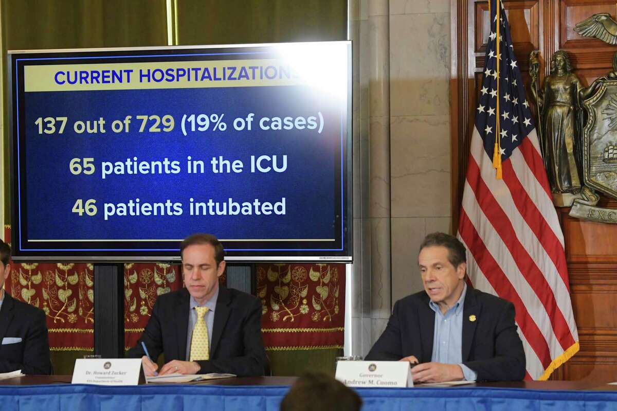 Dr. Howard Zucker, left, commissioner of the New York State Department of Health and Governor Andrew Cuomo are seen at a press conference dealing with the COVID-19 cases in the state on Sunday, March 15, 2020, in Albany, N.Y. (Paul Buckowski/Times Union)