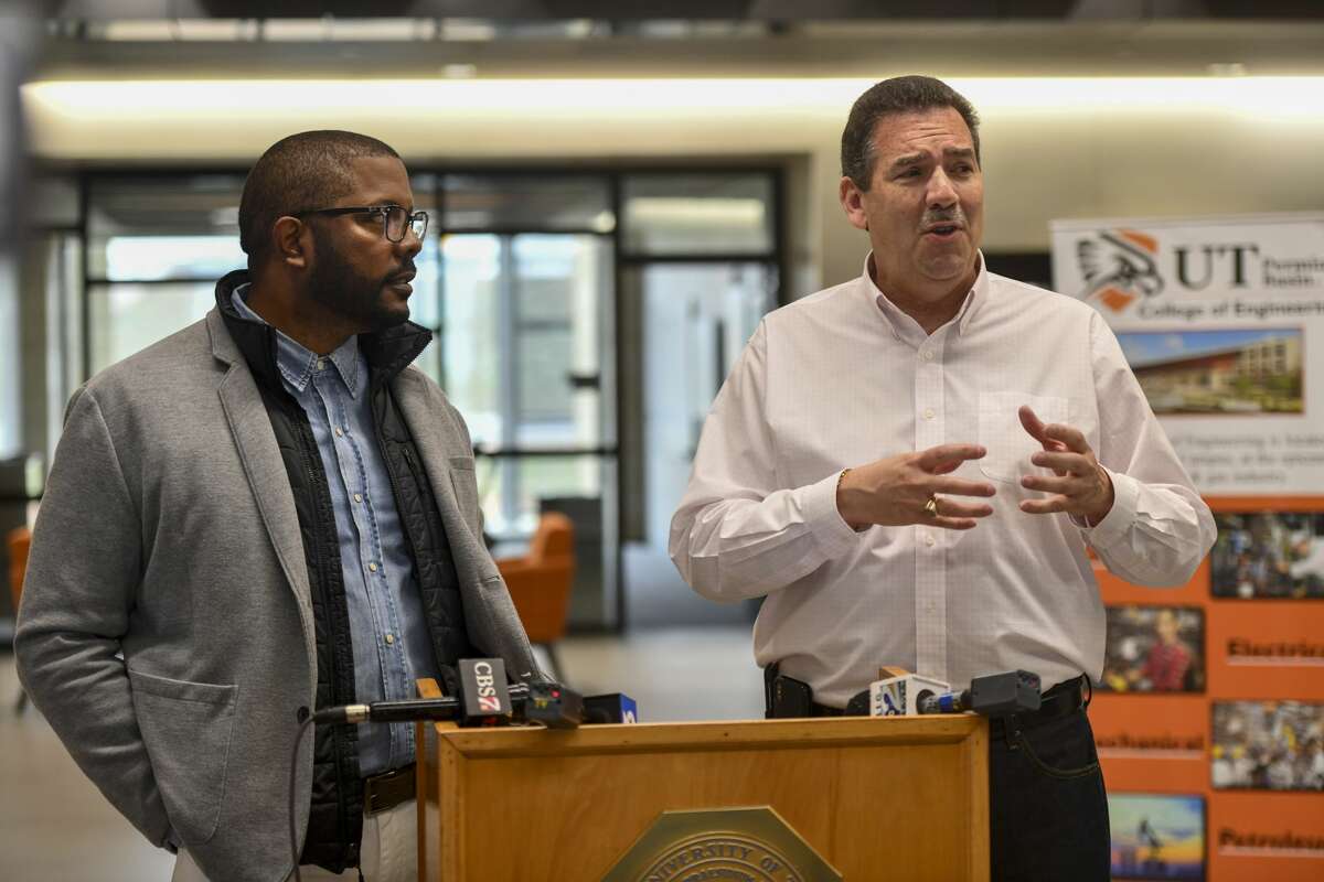 In this file photo, ECISD Superintendent Scott Muri (right) talks at a press conference at the University of Texas Permian Basin Engineering Building.