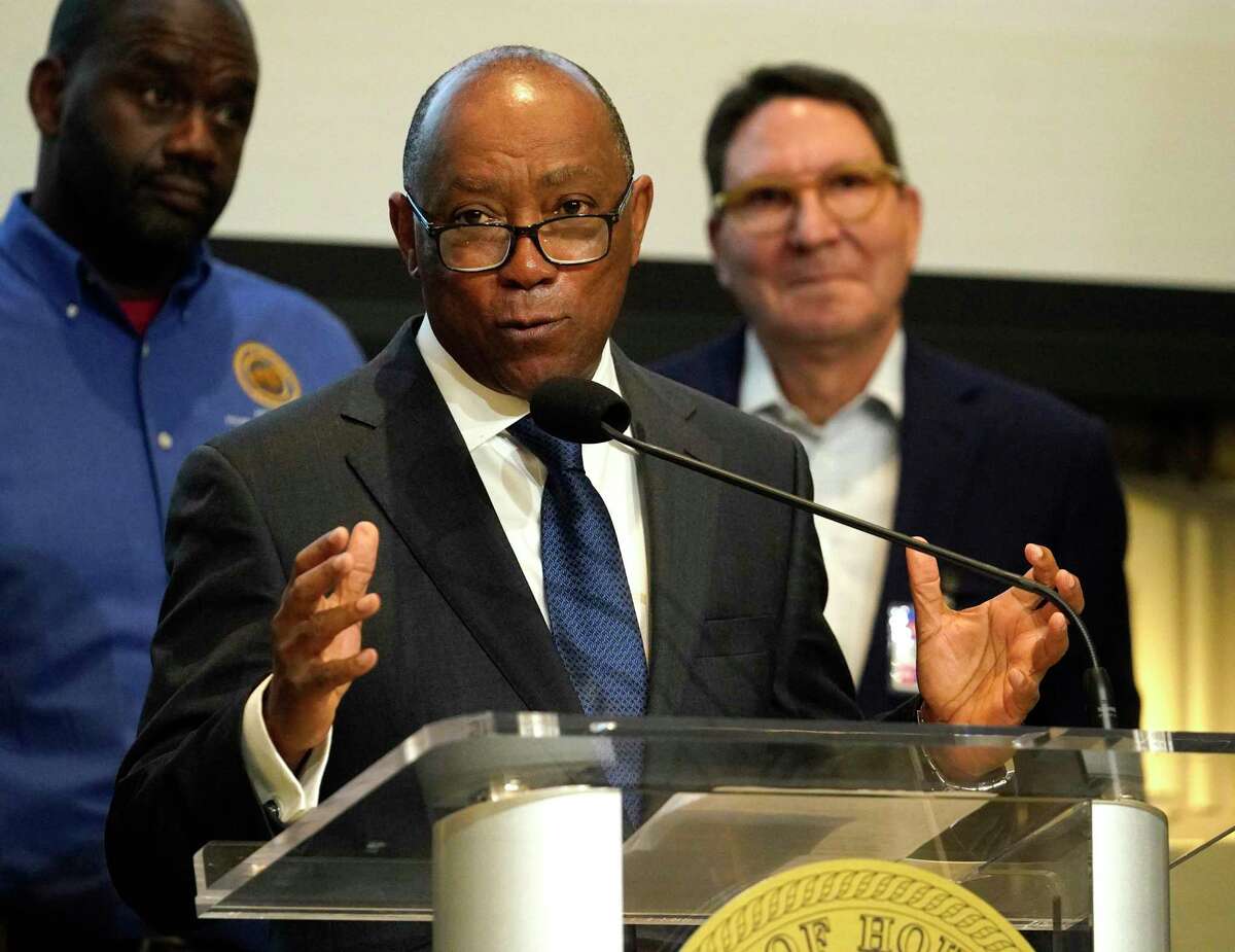 Houston Mayor Sylvester Turner speaks during a news conference at Houston City Hall Monday, March 16, 2020, in Houston. He with representatives from grocery store chains joined to discuss panic buying and discourage stockpiling of groceries and supplies.