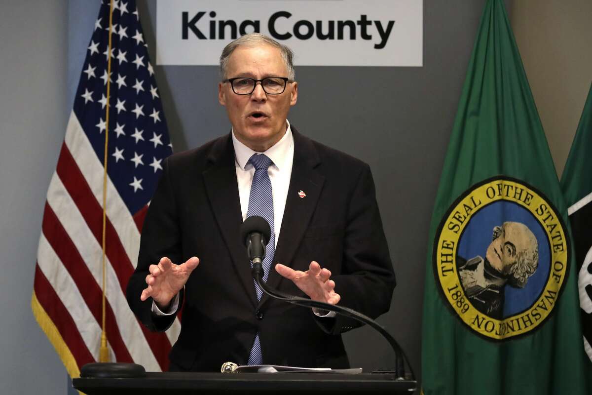 Washington Gov. Jay Inslee addresses a news conference about the coronavirus outbreak Monday, March 16, 2020, in Seattle. Inslee ordered all bars, restaurants, entertainment and recreation facilities to temporarily close to fight the spread of COVID-19 in the state with by far the most deaths in the U.S. from the disease. (AP Photo/Elaine Thompson, Pool)