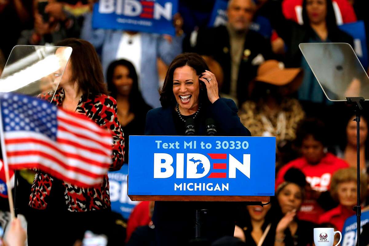 California Senator Kamala Harris endorses Democratic presidential candidate former Vice President Joe Biden as she speaks to supporters during a campaign rally at Renaissance High School in Detroit, Michigan on March 9, 2020. (Photo by JEFF KOWALSKY / AFP) (Photo by JEFF KOWALSKY/AFP via Getty Images)