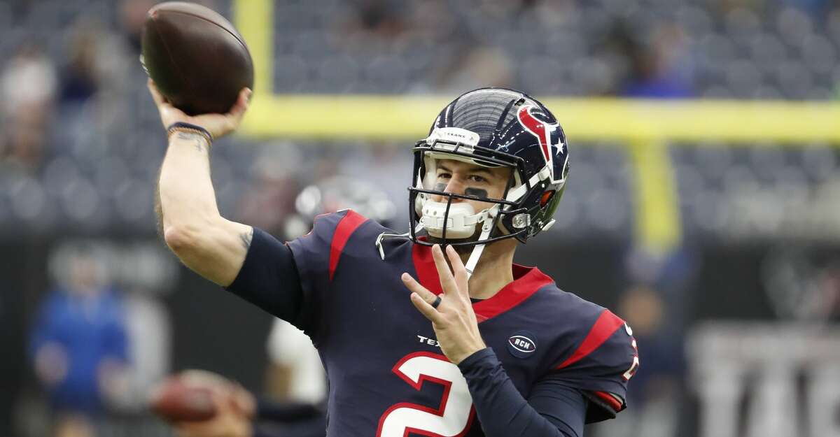 Houston Texans quarterback AJ McCarron (2) warms up before an NFL football game against the Tennessee Titans at NRG Stadium on Sunday, Dec. 29, 2019, in Houston.
