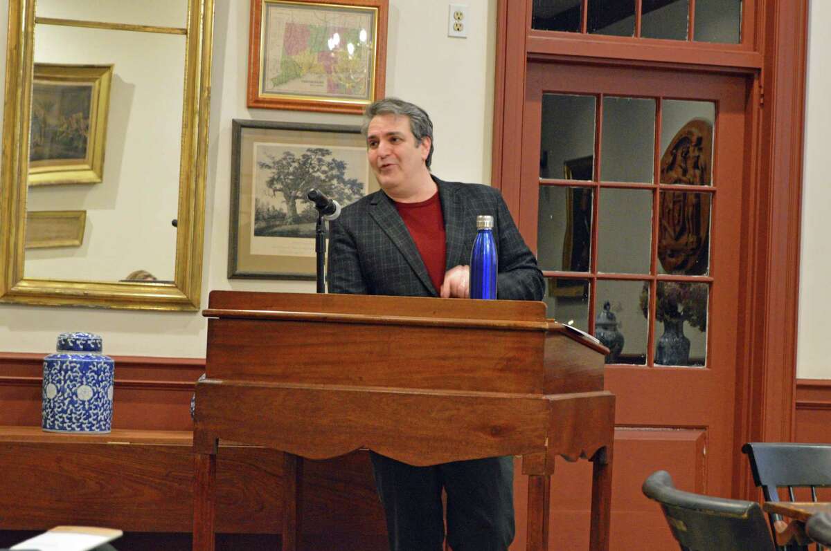 Weston First Selectman Chris Spaulding speaks to the audience about the proposed town operating budget for fiscal year 2019-20 at the Feb. 11 Board of Selectmen meeting.