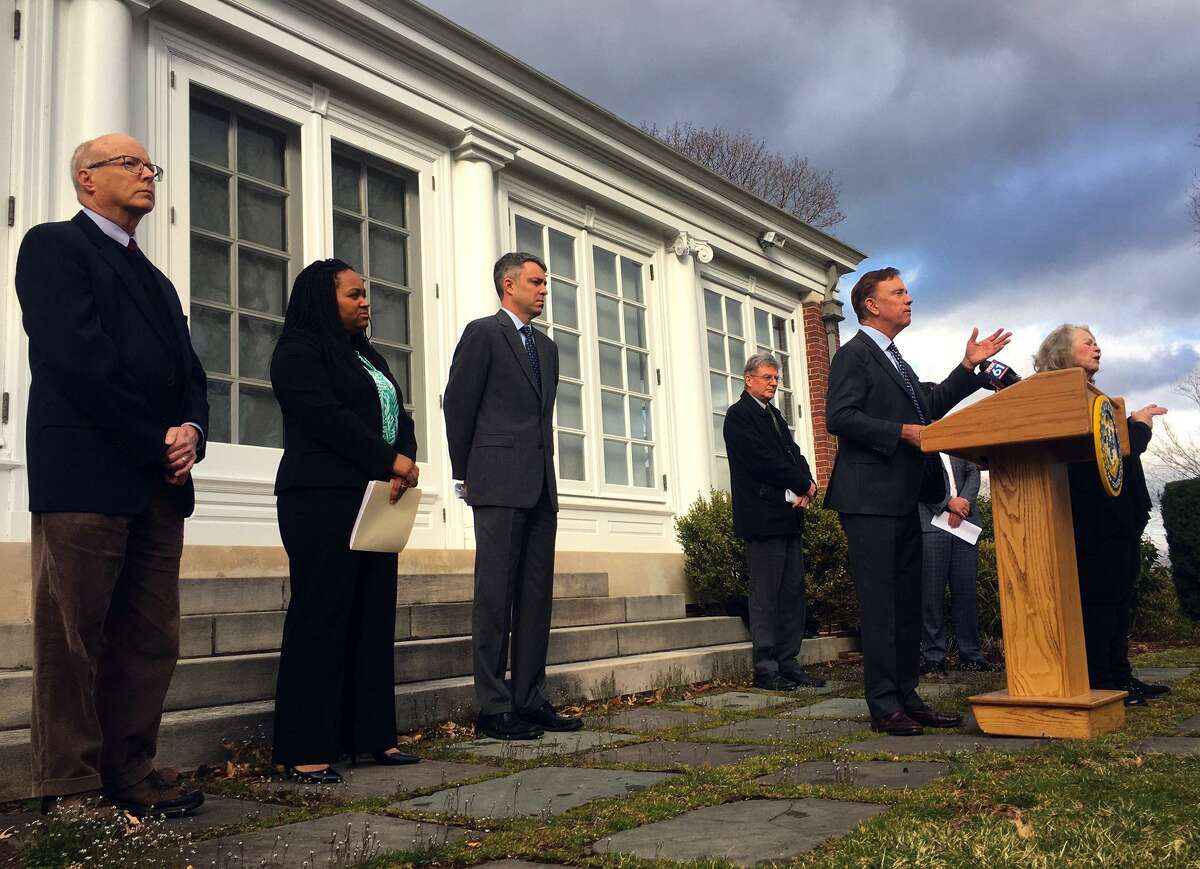 Gov. Ned Lamont speaks at a news conference outside the Governor’s Residence in Hartford, Conn. Tuesday, March 17, 2020.