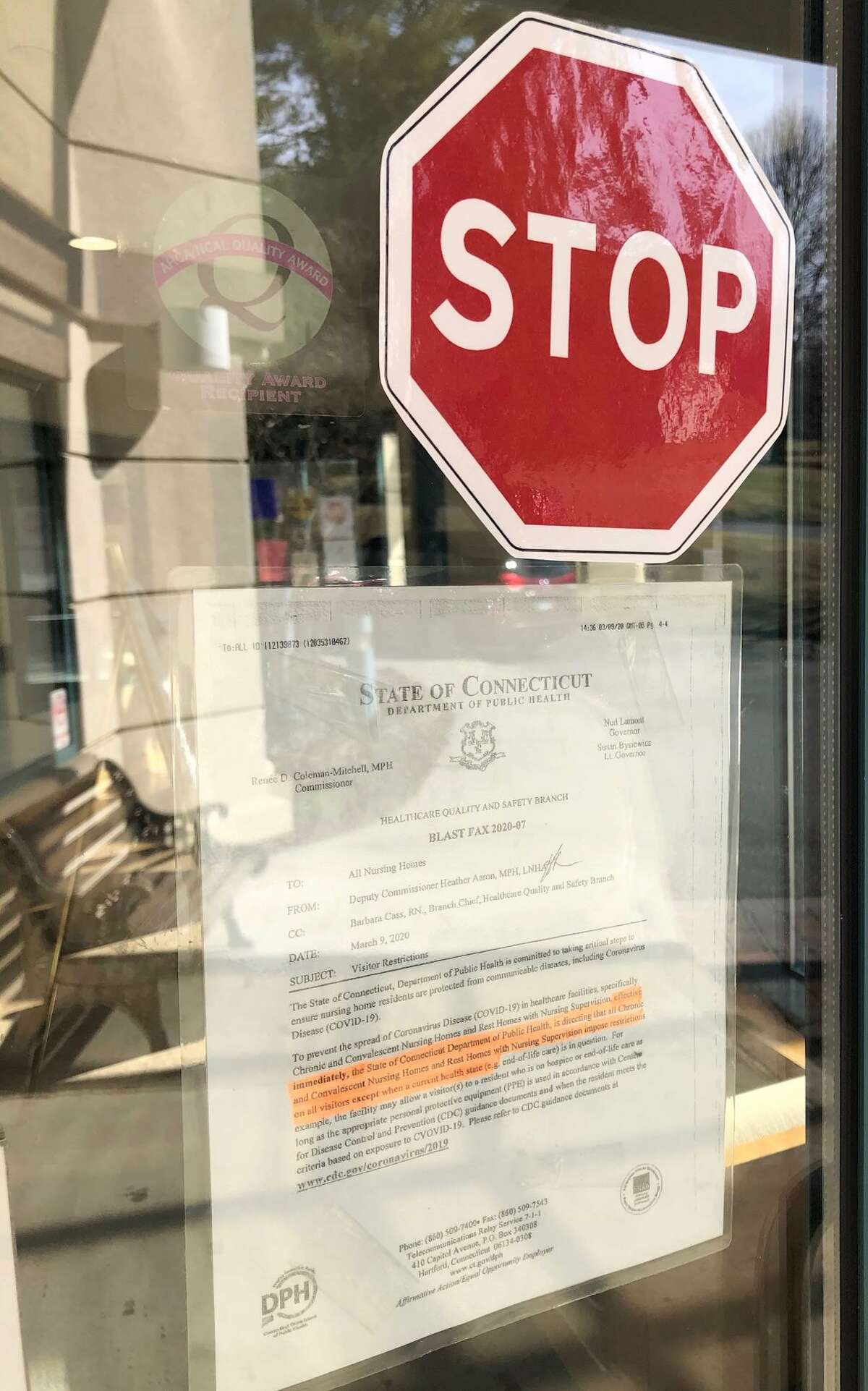 Skilled care facilities, including two in New Milford, are not permitting visitors due to the novel coronavirus outbreak. Candlewood Valley Health & Rehabilitation Center’s notice is posted on the main door.