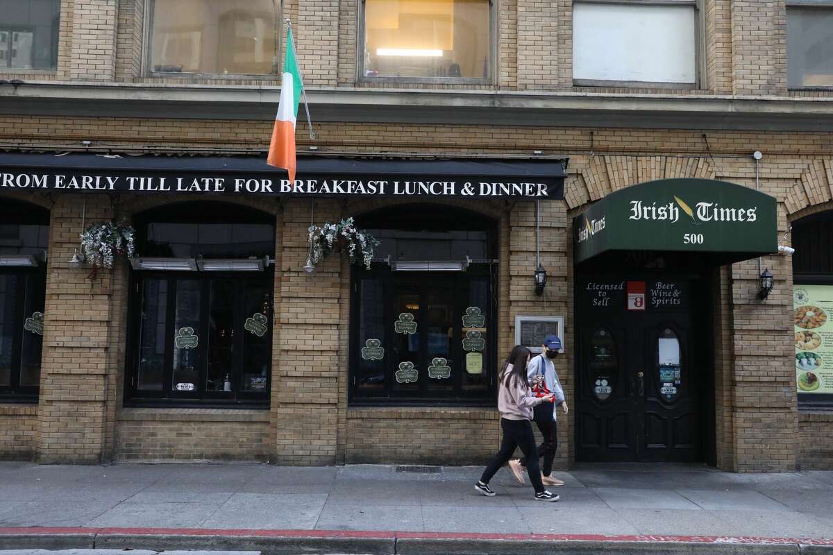 The exterior of Irish Times in San Francisco's Financial District. Bars throughout San Francisco were closed on Tuesday per a shelter-in-place order issued by Mayor London Breed that called for the closure of all bars in San Francisco. Tuesday also happened to be St Patrick's Day, one of the biggest bar holidays of the year.