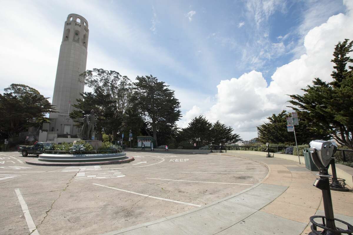 The parking lot was mostly empty at Coit Tower. San Francisco had its first shelter-in-place day on March 17th, 2020 in response to the spread of the COVID-19 coronavirus.