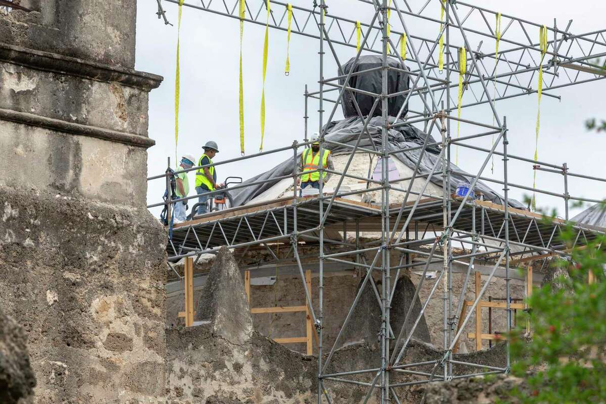 Scaffolding is seen Tuesday, March 17, 2020 over the roof of Mission Concepcion as renovations and repairs are made to the 1750s structure's main dome.