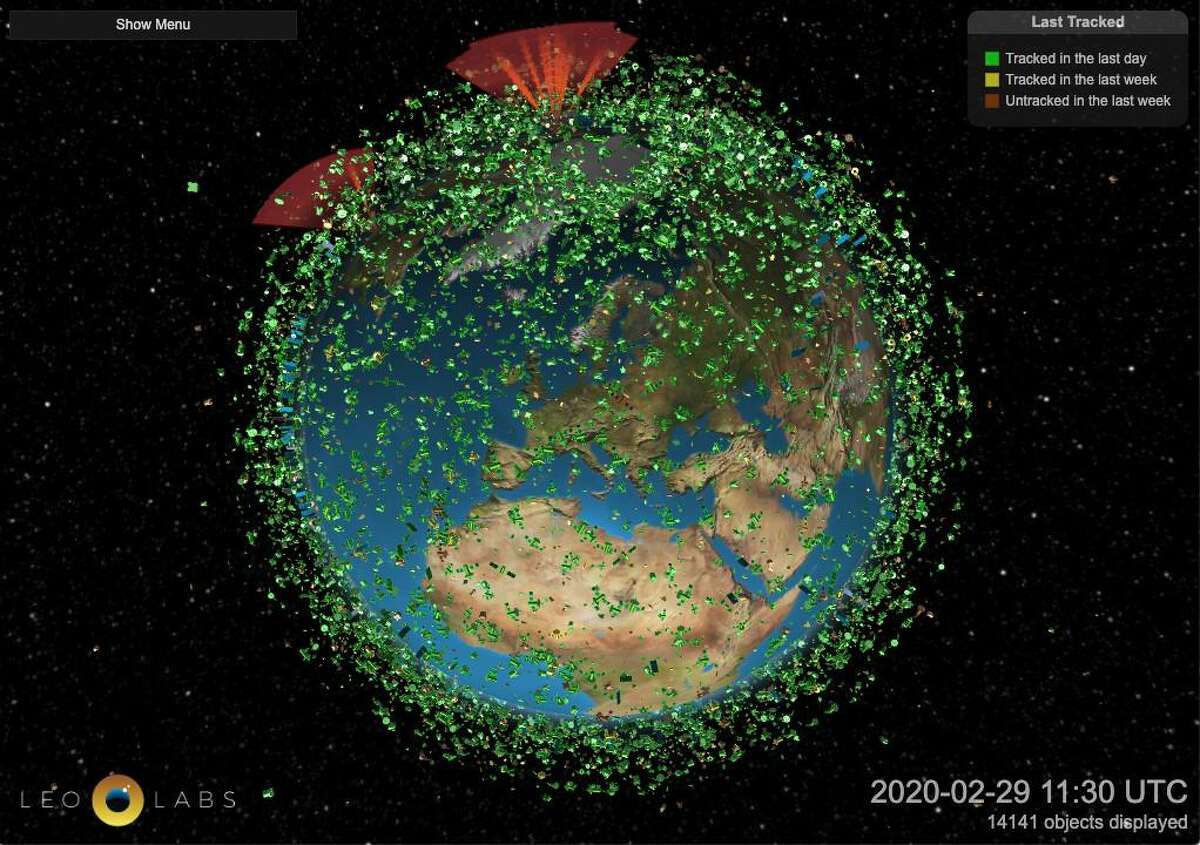Pictured is a snapshot of active satellites and orbital debris currently tracked in low-Earth orbit by LeoLabs, a company whose global network of ground-based radars generates maps and services to help avoid collisions in space.