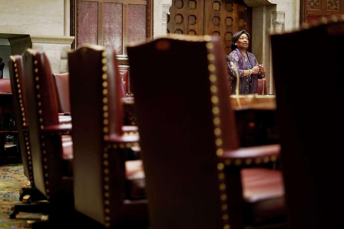 Senate Majority Leader Andrea Stewart-Cousins speaks on the floor of a mostly empty Senate chamber during session on Wednesday, March 18, 2020, in Albany, N.Y. (Paul Buckowski/Times Union)