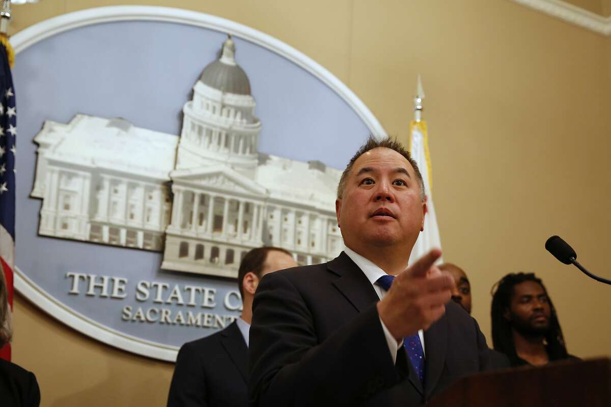 Assemblyman Phil Ting, D-San Francisco, answers question concerning his proposed measure that would seal past arrest records and convictions of lower-level felonies and misdemeanors, during a news conference in Sacramento, Calif., Monday, Feb. 24, 2020. If approved by the legislature and signed by the governor the bill would automatically clear eligible records dating back to 1973. Supporters say the bill to seal past arrest histories would help lower the barriers to finding work or housing. (AP Photo/Rich Pedroncelli)