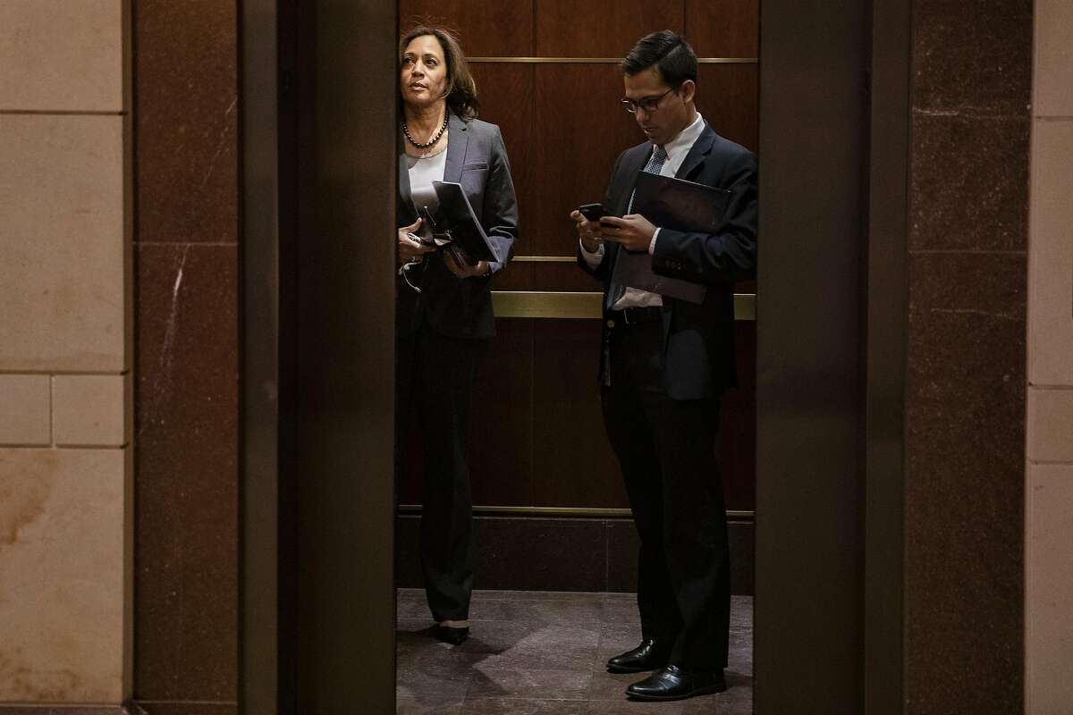 WASHINGTON, DC - MARCH 10: Sen. Kamala Harris (D-CA) rides the elevator down to a briefing for Senators by officials from the Department of Homeland Security, Federal Bureau of Investigations, Director of National Intelligence, and the National Security Agency on the state of election security on Capitol Hill on March 10, 2020 in Washington, DC. (Photo by Samuel Corum/Getty Images)