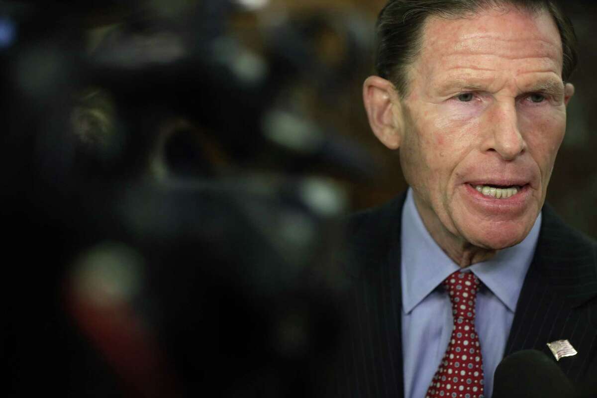 U.S. Sen. Richard Blumenthal, D-CT, speaks to members of the media outside a briefing on the latest development of the COVID-19 outbreak to Senate members at Dirksen Senate Office Building on March 12 on Capitol Hill in Washington, D.C.