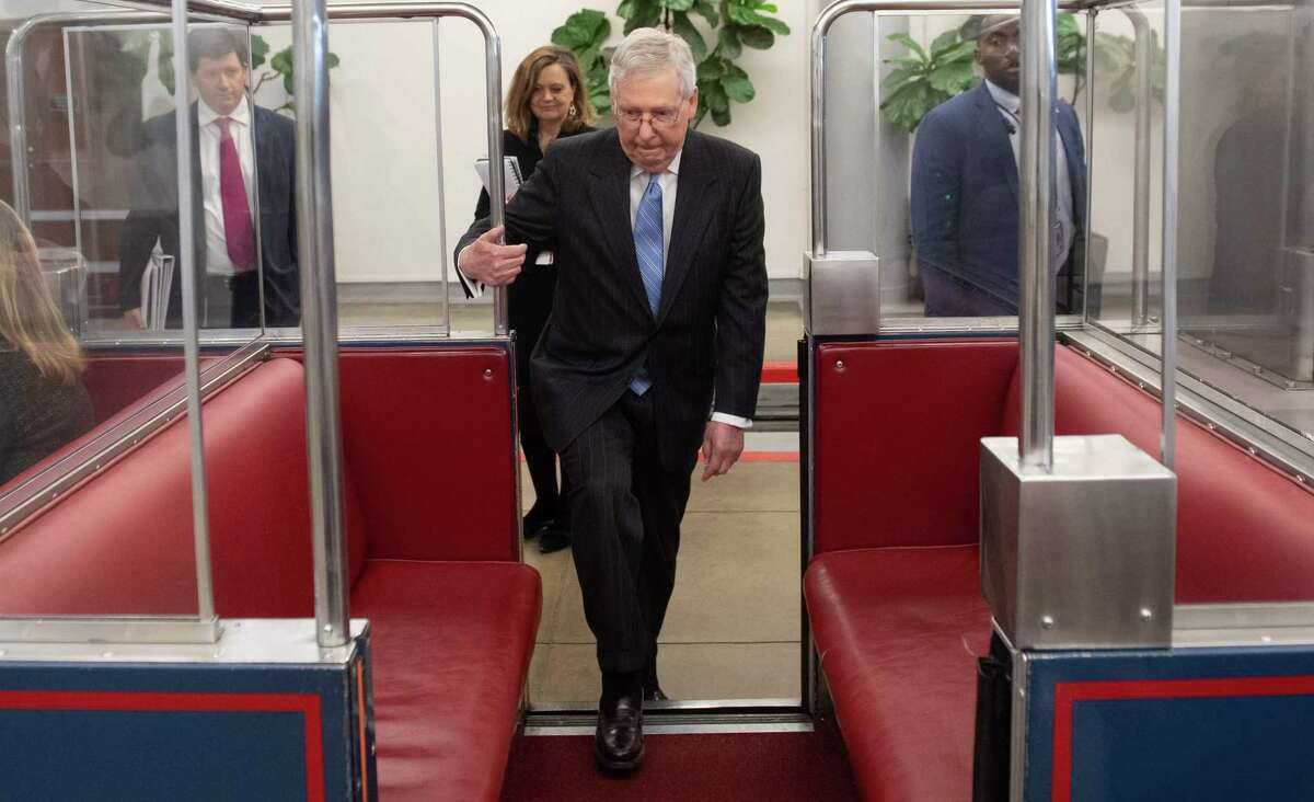 US Senate Majority Leader Mitch McConnell, Republican of Kentucky leaves during a break in votes related to a bill in response to COVID-19, known as coronavirus, at the US Capitol in Washington, DC, March 18, 2020. (Photo by SAUL LOEB / AFP) (Photo by SAUL LOEB/AFP via Getty Images)
