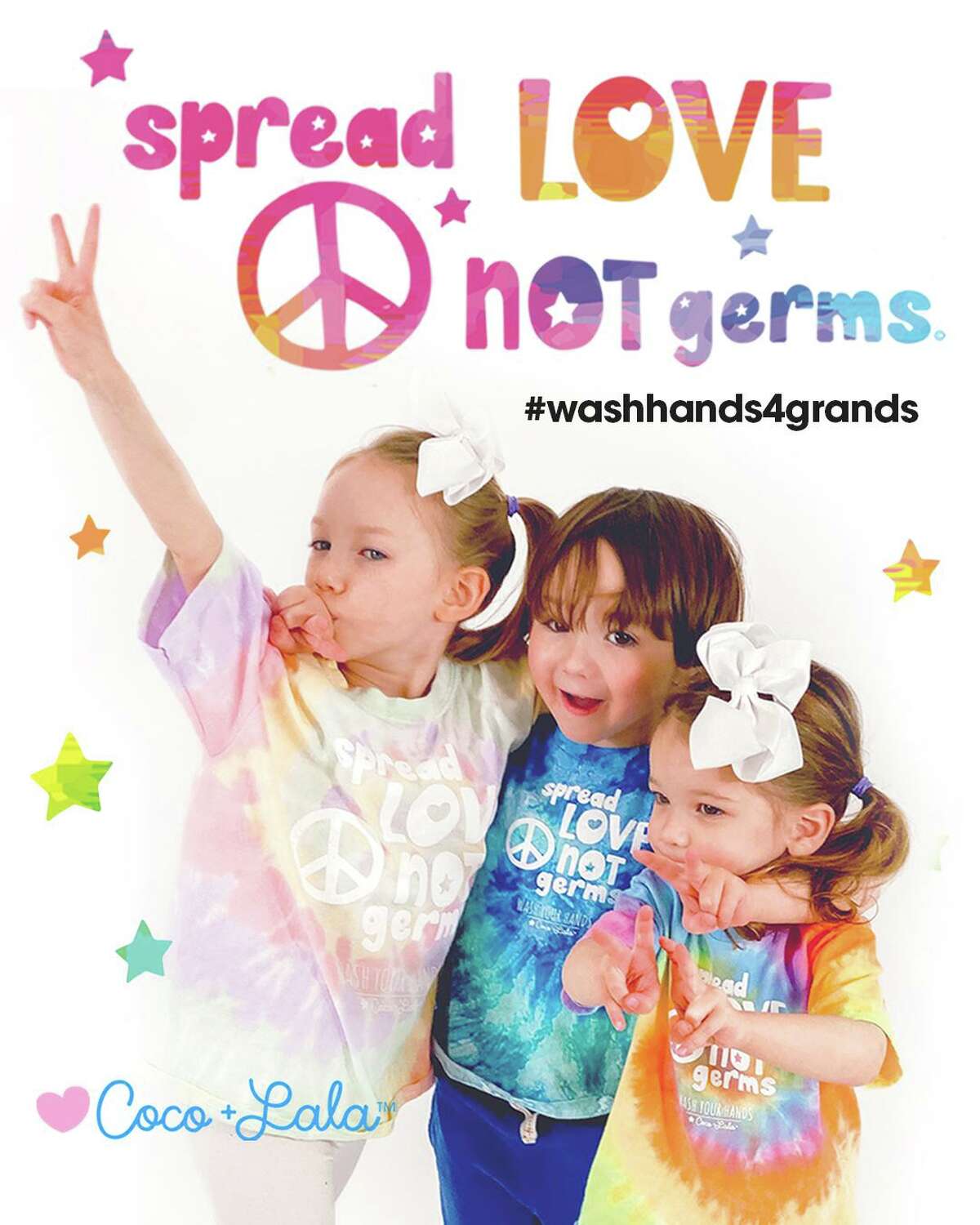 Six-year-old Leontine Doherty and her brother 4-year old Colton Doherty (with little sister Peachie) have created tie dye t-shirts to inspire us to: Spread Love Not Germs -wash your hands to help grandparents and loved ones stay safe.