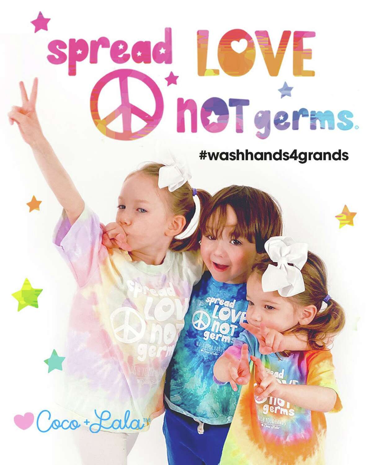 Six-year-old Leontine Doherty and her brother 4-year old Colton Doherty (with little sister Peachie) have created tie dye t-shirts to inspire us to: Spread Love Not Germs —wash your hands to help grandparents and loved ones stay safe.